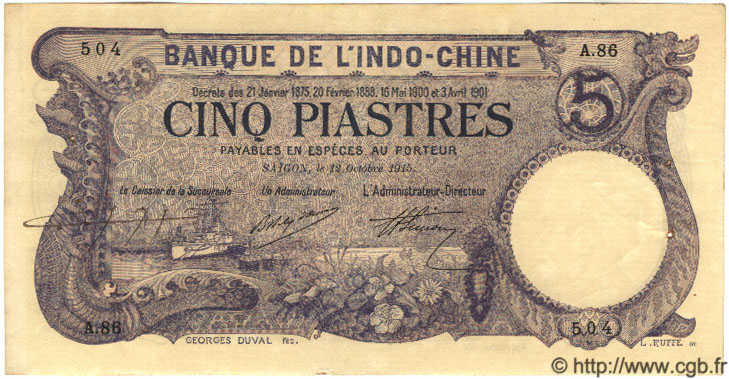 5 Piastres FRENCH INDOCHINA Saïgon 1915 P.037b XF