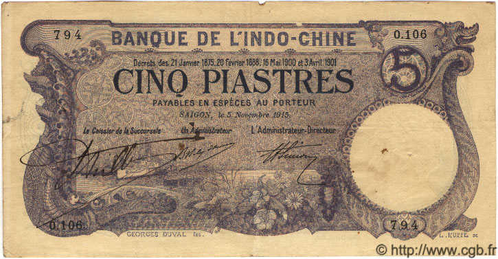 5 Piastres FRANZÖSISCHE-INDOCHINA Saïgon 1915 P.037b SS