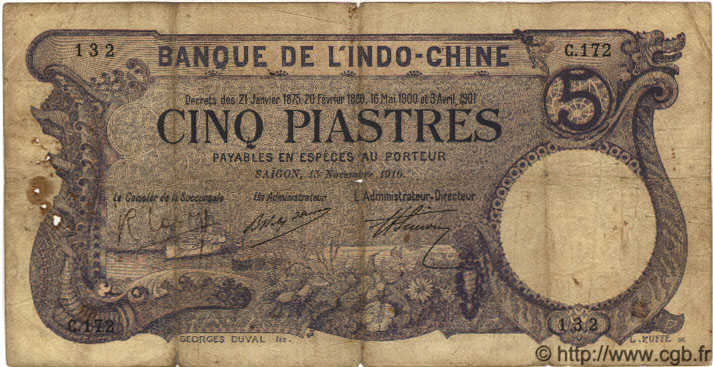 5 Piastres INDOCINA FRANCESE Saïgon 1916 P.037b q.MB
