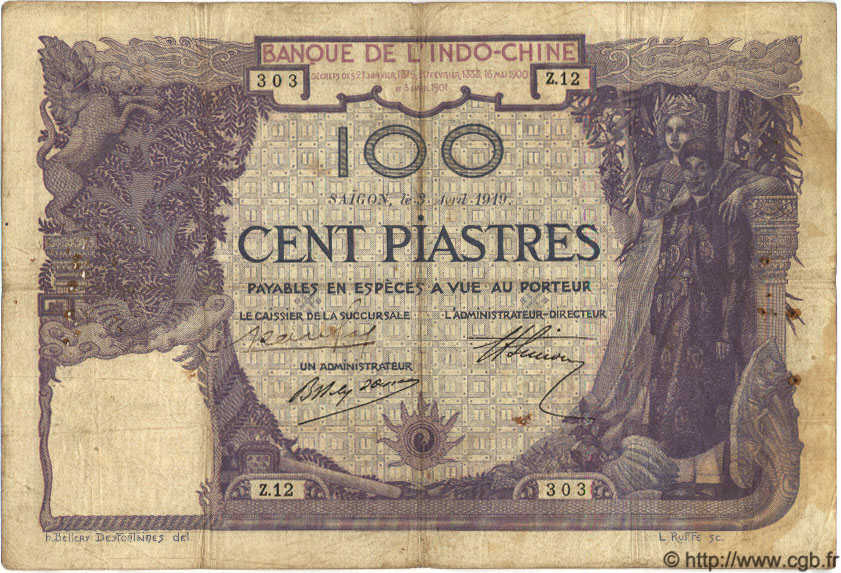 100 Piastres INDOCINA FRANCESE Saïgon 1919 P.039 MB