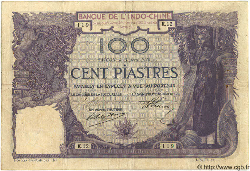 100 Piastres INDOCHINE FRANÇAISE Saïgon 1919 P.039 pr.TTB