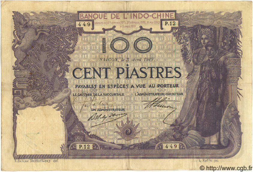 100 Piastres INDOCINA FRANCESE Saïgon 1919 P.039 BB