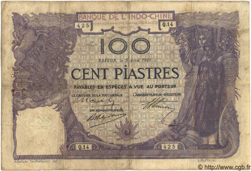 100 Piastres FRENCH INDOCHINA Saïgon 1919 P.039 F
