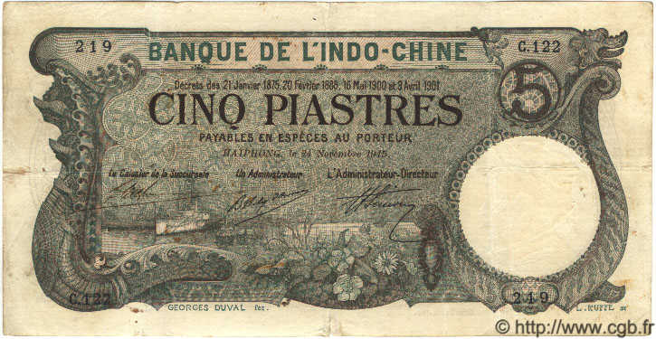 5 Piastres INDOCINA FRANCESE Haïphong 1915 P.016b MB a BB