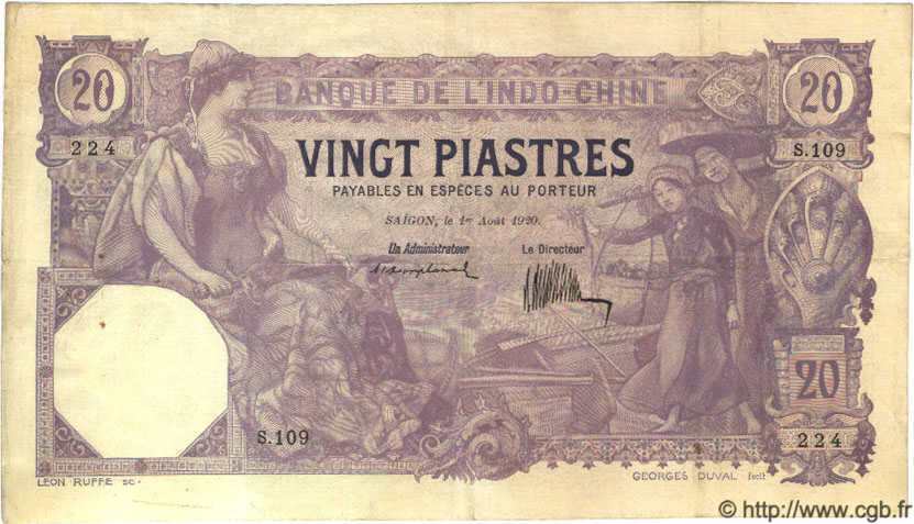 20 Piastres INDOCINA FRANCESE Saïgon 1920 P.041 BB