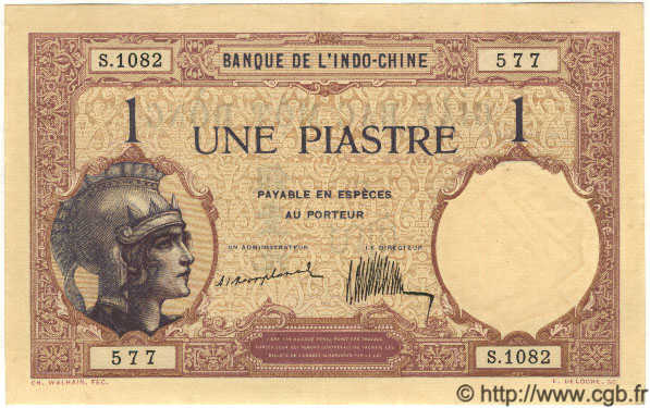 1 Piastre FRENCH INDOCHINA  1926 P.048a AU+