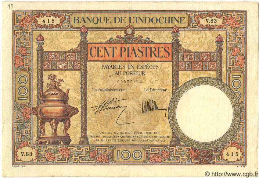 100 Piastres INDOCHINA  1931 P.051b MBC