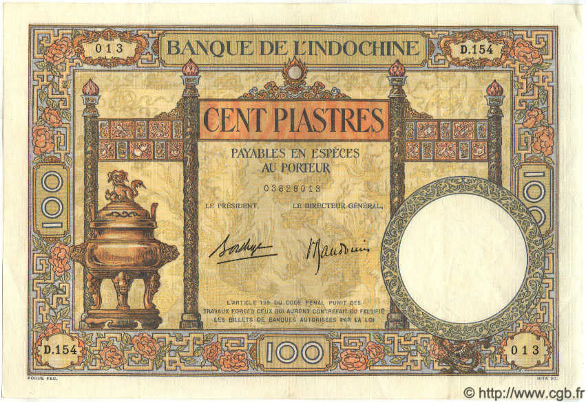 100 Piastres FRENCH INDOCHINA  1939 P.051d AU