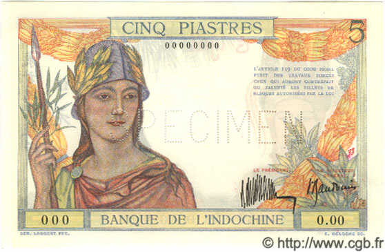 5 Piastres Spécimen INDOCINA FRANCESE  1935 P.053s FDC