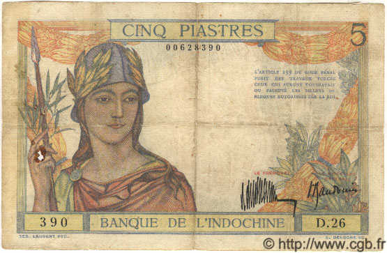 5 Piastres FRENCH INDOCHINA  1935 P.053a F+