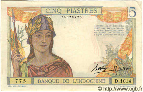 5 Piastres FRENCH INDOCHINA  1936 P.055b UNC-