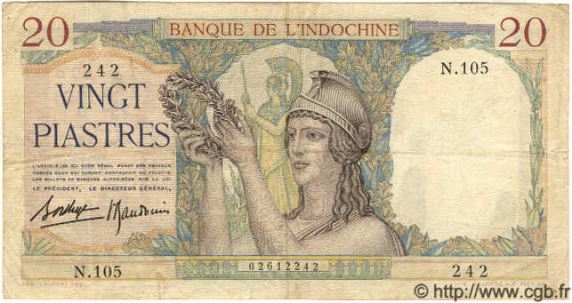 20 Piastres INDOCINA FRANCESE  1939 P.056b q.BB
