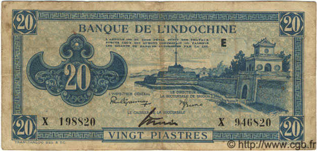 20 Piastres bleu INDOCINA FRANCESE  1943 P.065 MB a BB