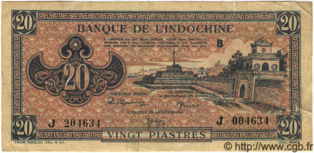 20 Piastres rose orangé INDOCINA FRANCESE  1945 P.072 BB