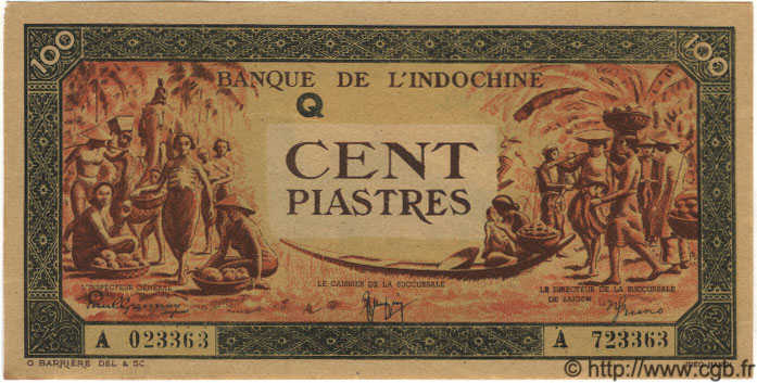 100 Piastres orange, cadre noir FRENCH INDOCHINA  1945 P.073 AU