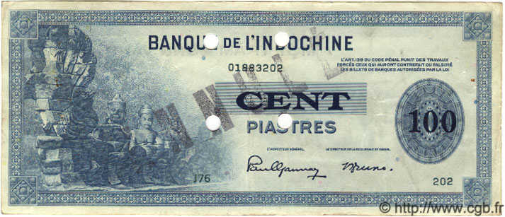 100 Piastres Spécimen INDOCHINA  1945 P.078s MBC+
