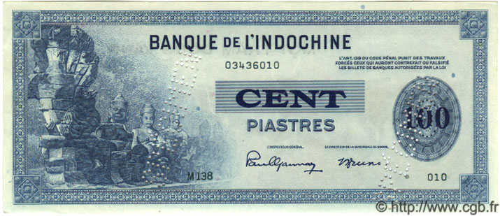 100 Piastres Spécimen FRENCH INDOCHINA  1945 P.078s AU