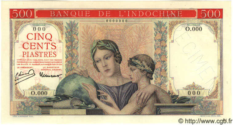 500 Piastres Spécimen FRENCH INDOCHINA  1951 P.083s UNC