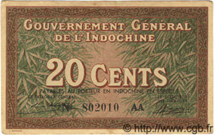 20 Cents INDOCINA FRANCESE  1939 P.086c BB to SPL