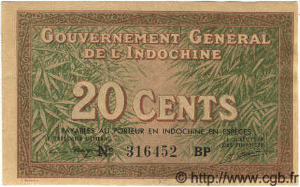 20 Cents FRENCH INDOCHINA  1939 P.086d UNC