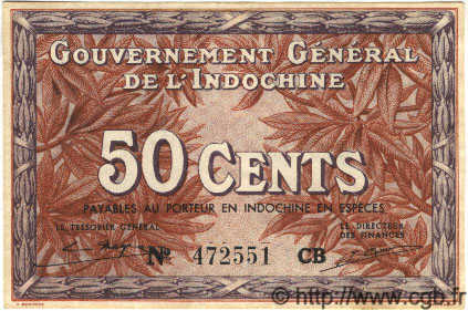 50 Cents FRENCH INDOCHINA  1939 P.087d UNC-