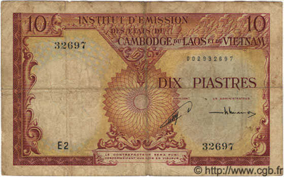 10 Piastres - 10 Riels INDOCINA FRANCESE  1953 P.096a q.MB