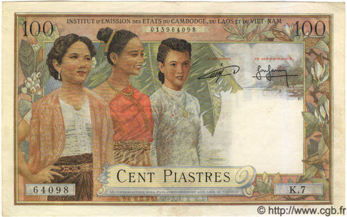 100 Piastres - 100 Riels INDOCHINA  1954 P.097 MBC a EBC