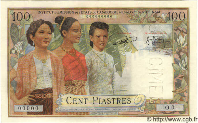100 Piastres - 100 Riels Spécimen INDOCINA FRANCESE  1954 P.097s AU+