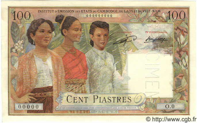 100 Piastres - 100 Kip Spécimen FRENCH INDOCHINA  1954 P.103s AU