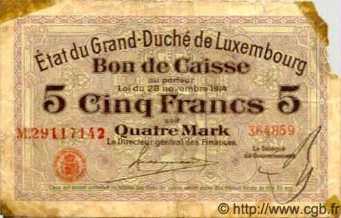 5 Francs /  4 Marks LUXEMBOURG  1914 P.23 B