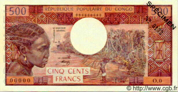 500 Francs Spécimen CONGO  1974 P.02as NEUF