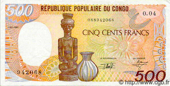 500 Francs CONGO  1991 P.08d XF-