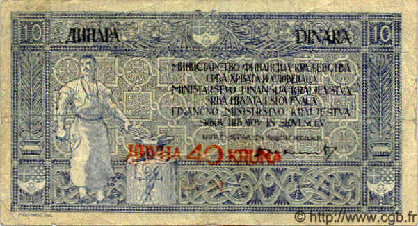 40 Kronen sur 10 Dinara JUGOSLAWIEN  1919 P.017 S