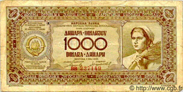 1000 Dinara YUGOSLAVIA  1946 P.067a RC+