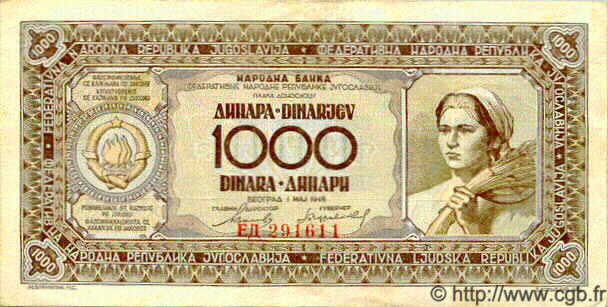 1000 Dinara JUGOSLAWIEN  1946 P.067b fVZ