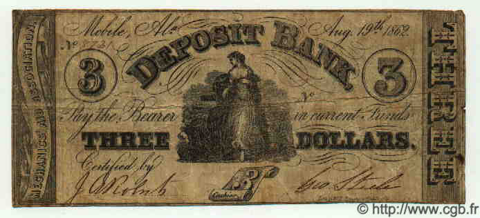 3 Dollars UNITED STATES OF AMERICA Mobile 1862 H.-- F