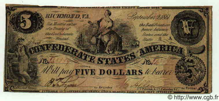 5 Dollars STATI CONFEDERATI D AMERICA  1861 P.019c MB a BB
