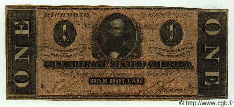 1 Dollar ESTADOS CONFEDERADOS DE AMÉRICA  1864 P.065b BC+