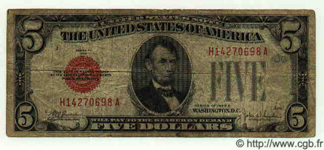 5 Dollars STATI UNITI D AMERICA  1928 P.379e B a MB