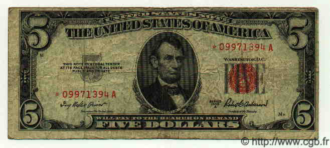 5 Dollars ÉTATS-UNIS D AMÉRIQUE  1953 P.381a TB