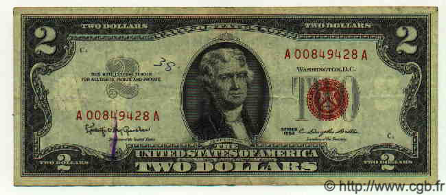 2 Dollars ESTADOS UNIDOS DE AMÉRICA  1963 P.382 BC+