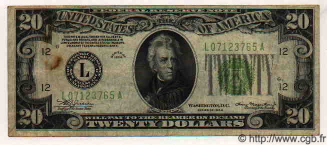 20 Dollars UNITED STATES OF AMERICA San Francisco 1934 P.431L VF