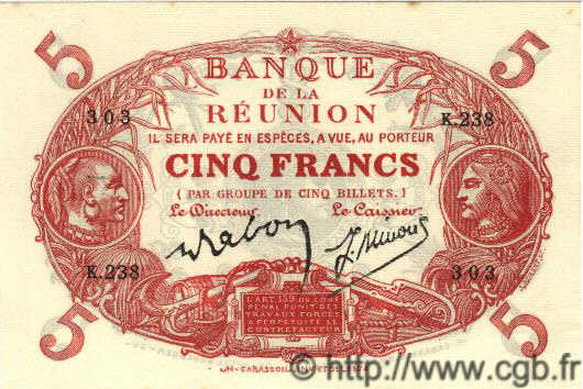 5 Francs Cabasson rouge ÎLE DE LA RÉUNION  1944 P.14 SPL+