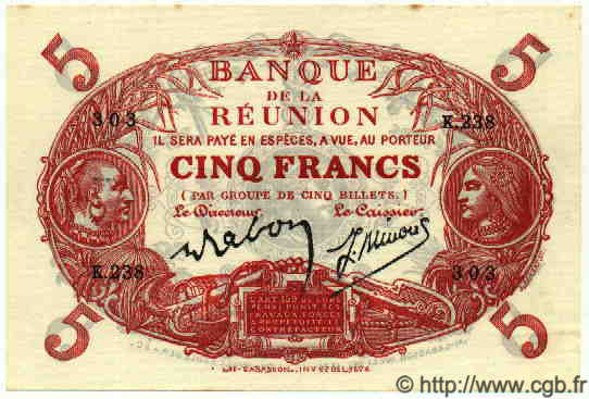 5 Francs Cabasson rouge ÎLE DE LA RÉUNION  1944 P.14 SPL