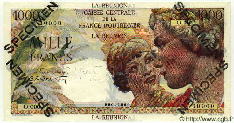 1000 Francs Union Française Spécimen ÎLE DE LA RÉUNION  1946 P.47s NEUF