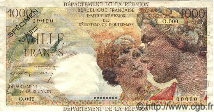 1000 Francs Union Française Spécimen ÎLE DE LA RÉUNION  1964 P.52s pr.SPL