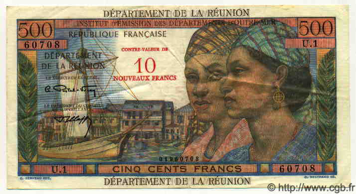 10 NF sur 500 Francs Pointe à Pitre  ÎLE DE LA RÉUNION  1971 P.54 TTB+