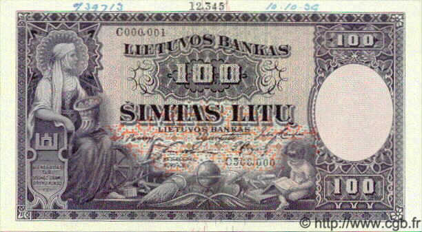 100 Litu Spécimen LITAUEN  1928 P.25s ST