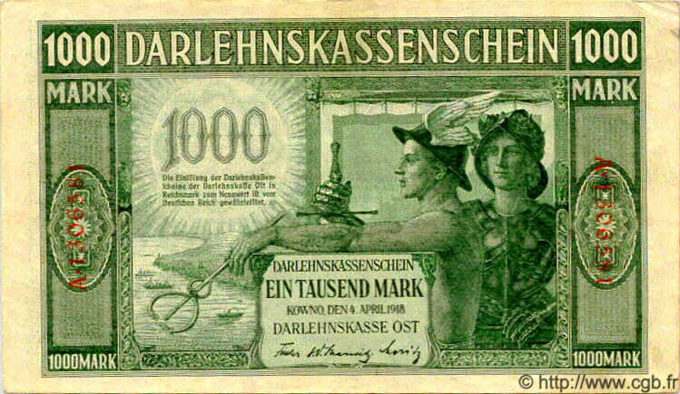 1000 Marks LITUANIA  1918 P.R134b MBC+