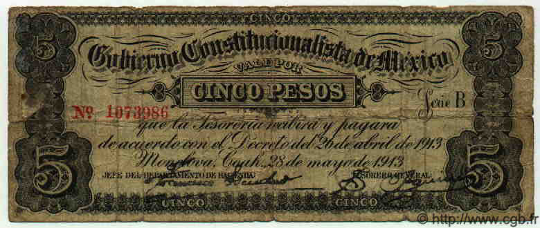 5 Pesos MEXICO Monclova 1913 PS.0628a VG
